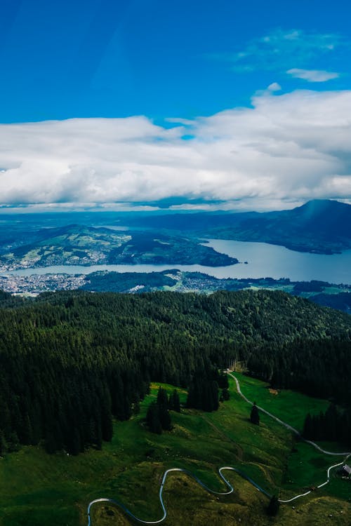 Aerial View of Forest on Mountain Peak Overlooking River