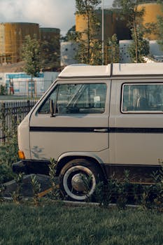A retro camper van parked in an urban setting in Istanbul, Türkiye.