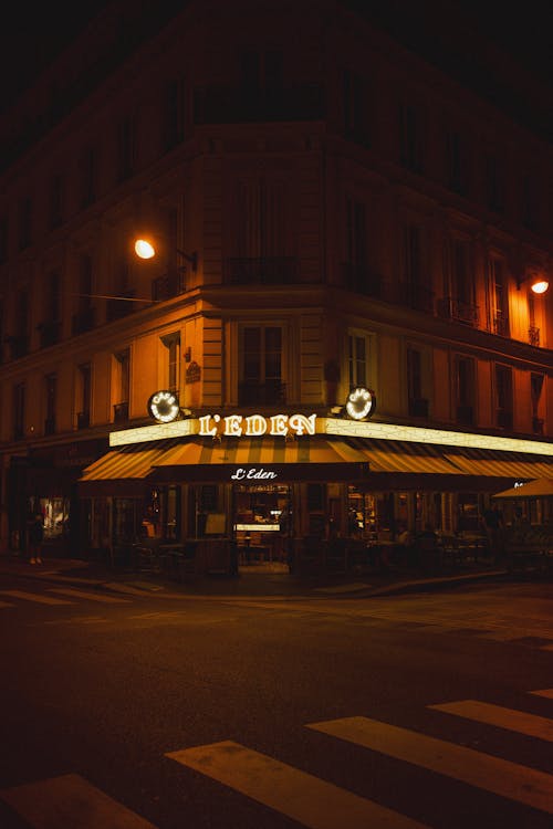 Cafe on Street Corner at Night