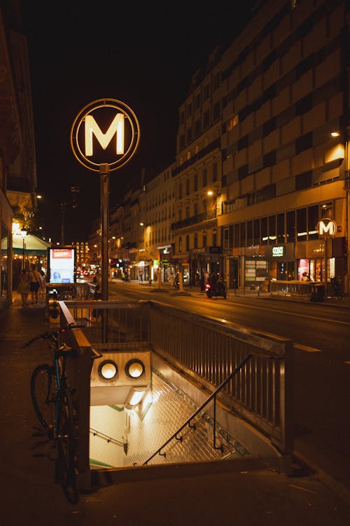 Subway Entrance in Paris, France at Night