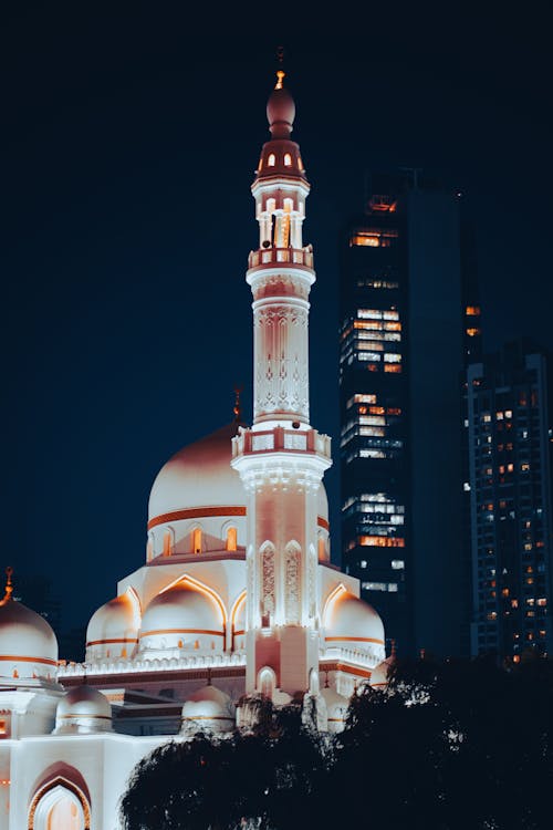 White, Illuminated Mosque at Night