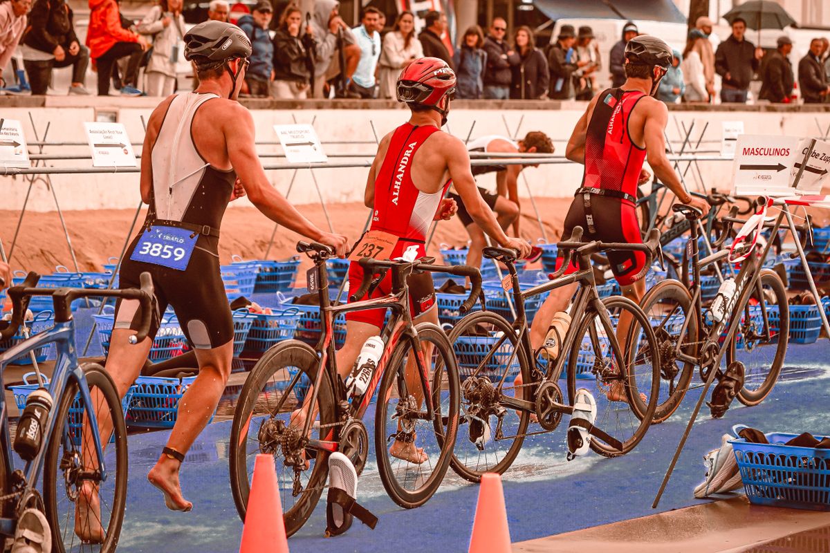 Triathletes on the bike leg of a race after transition.