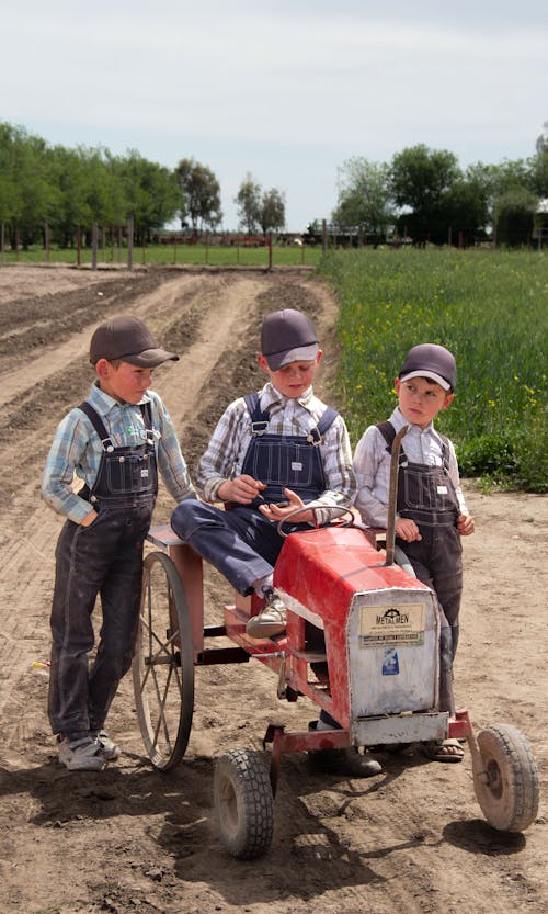 Boys by Toy Tractor in Field