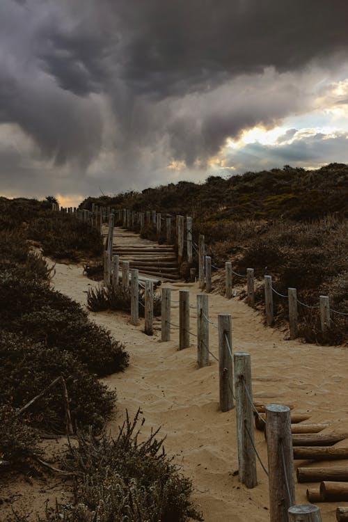 Path with Fence in Dunes on Seashore under Cloudy Sky