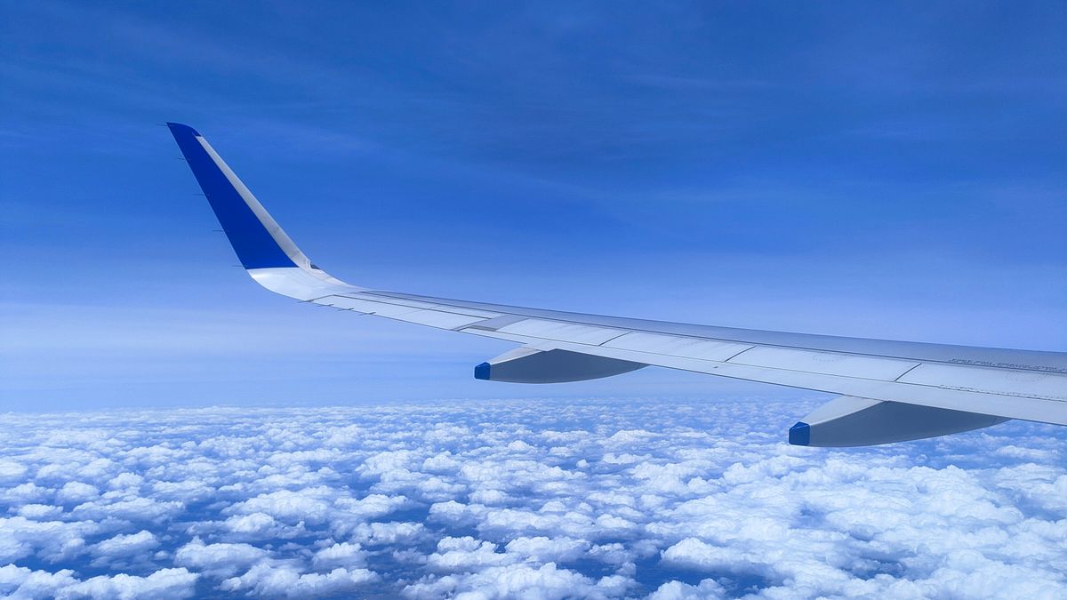 旅客機の主翼と、その下に広がる雲の層