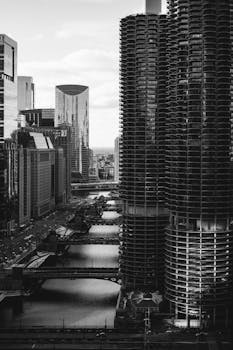 黑白照片捕捉了芝加哥的摩天大楼与风景秀丽的河景