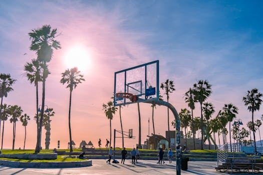 A vibrant scene at Venice Beach basketball court with palm trees and sunset glow.