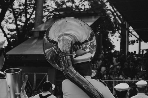 Free A monochrome view of a marching band playing at an outdoor event, showcasing shiny instruments and uniforms. Stock Photo