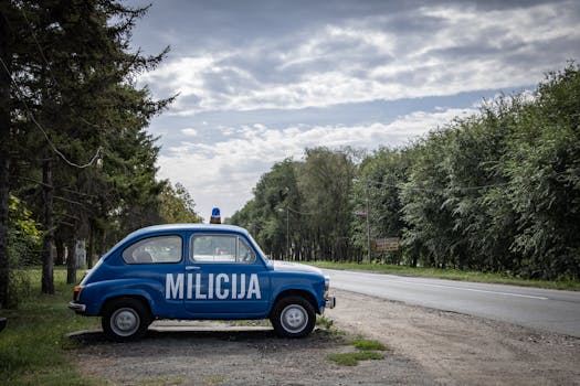 Retro police car parked beside a peaceful forest road on a cloudy summer day.