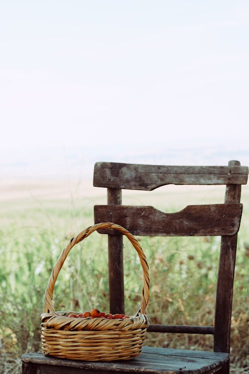 Wicker Basket on Wooden Chair in Countryside