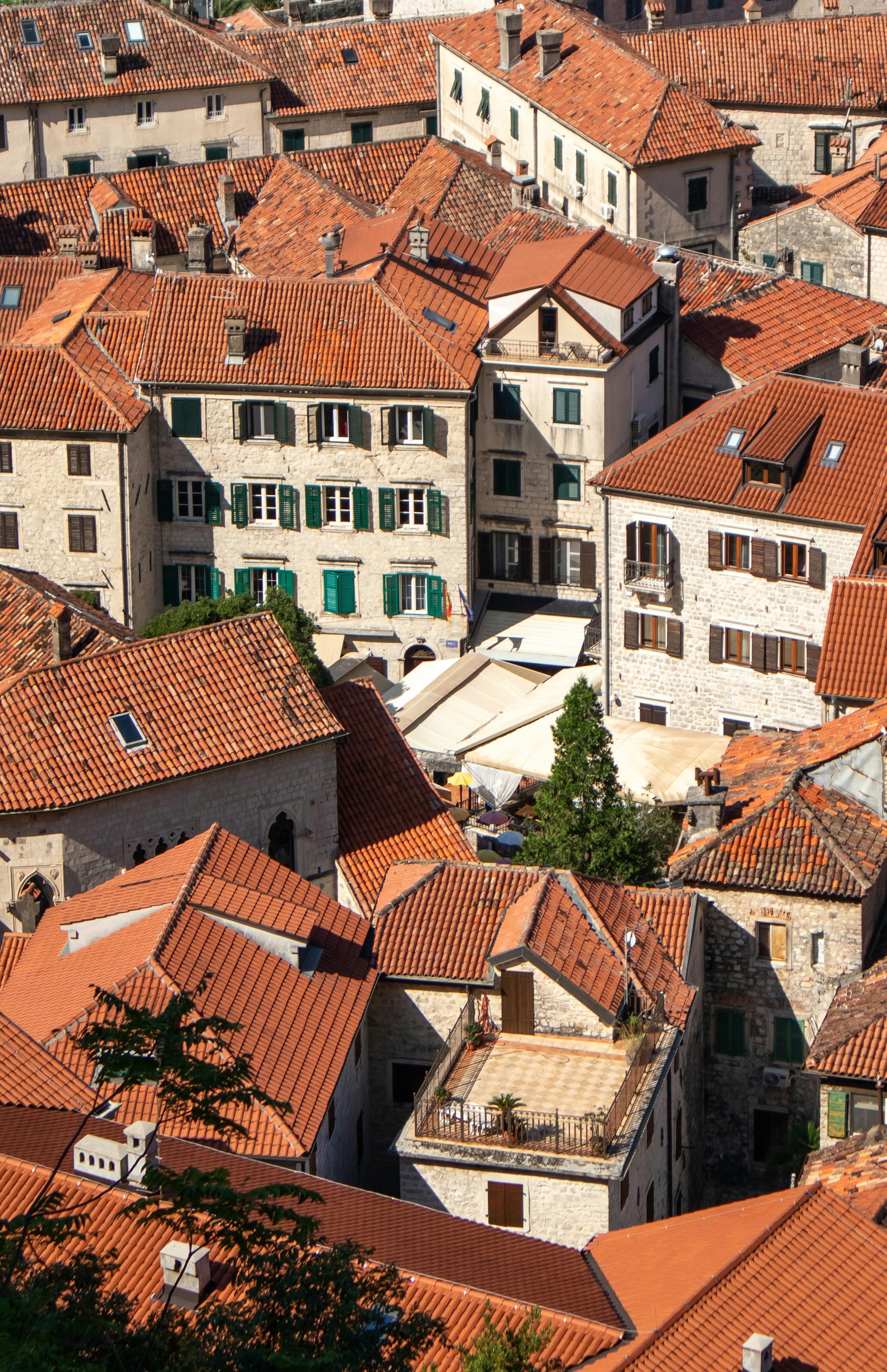 Charming aerial view of Kotor's historical red rooftops showcasing the town's medieval architecture.