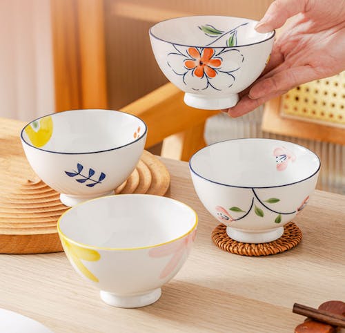 Close-up of Ceramic Bowls with Floral Patterns