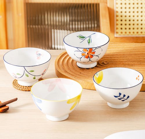 Close-up of Ceramic Bowls with Floral Patterns