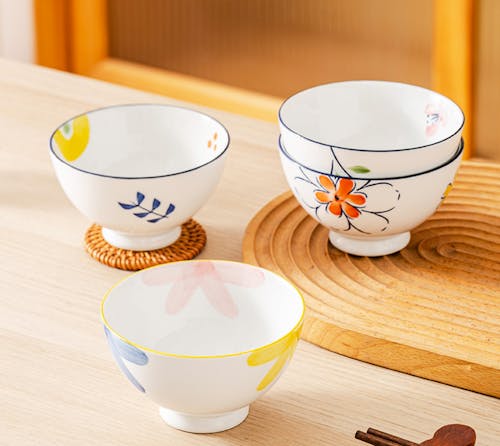 Close-up of Ceramic Bowls with Floral Patterns