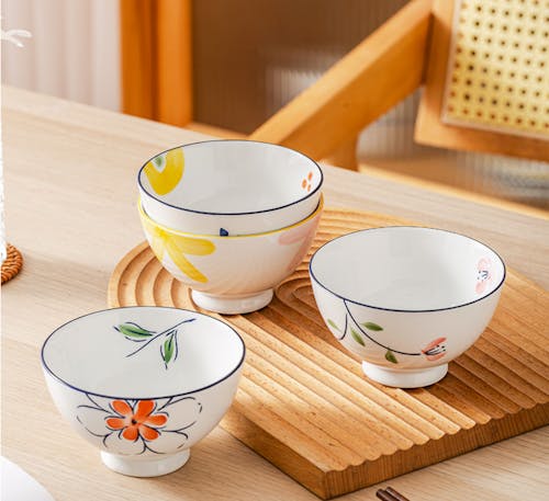 Close-up of Ceramic Bowls with Floral Patterns