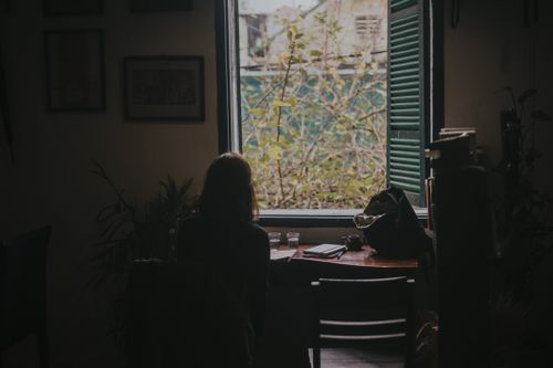 Free A person enjoys a quiet moment reading by a window in a cozy, dimly lit room. Stock Photo