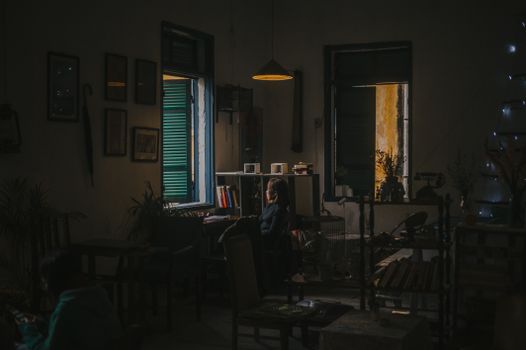 Moody interior featuring a seated person by window with dim lighting.
