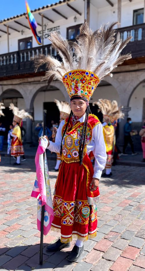 Free Person in elaborate traditional costume during a festivity in Cuzco, Peru. Stock Photo