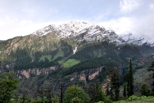 Free Breathtaking mountain scene with snow-capped peaks and lush green forests beneath, ideal for nature enthusiasts. Stock Photo