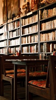 Warm and inviting library café with wooden bookshelves and comfortable seating, perfect for reading and relaxation.