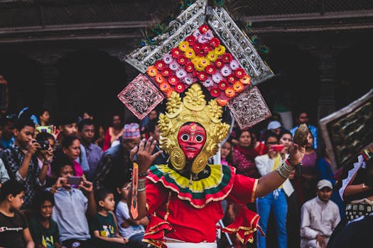 Colorful traditional masked dance performance in Bhaktapur, Nepal, captivating the audience during a vibrant festival.
