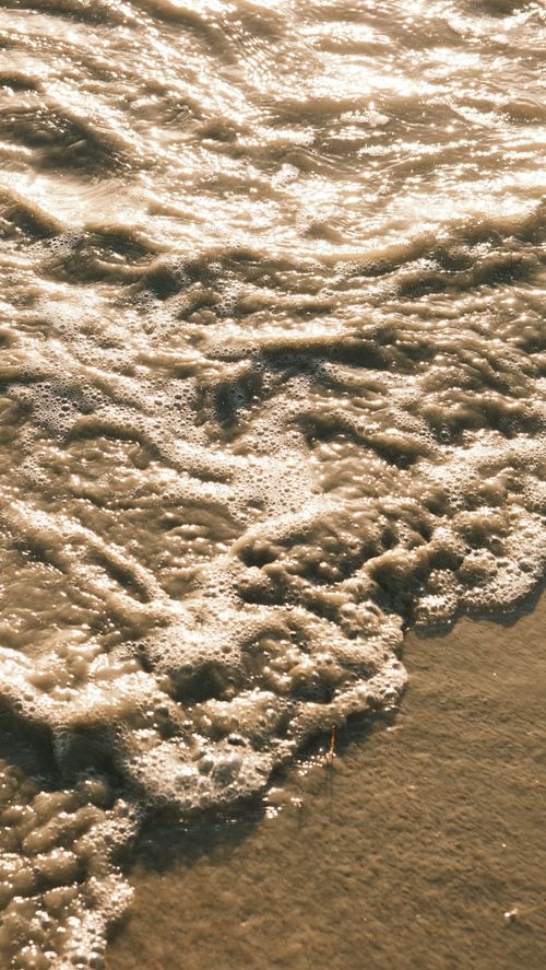 Free Golden sunlight reflecting on foamy waves gently touching the sandy beach. Stock Photo