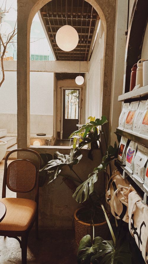 Free Warm coffee shop interior with a monstera plant and vintage decor. Stock Photo