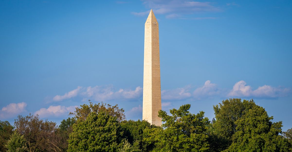 Elegant view of the Washington Monument towering behind lush green trees under a clear blue sky.