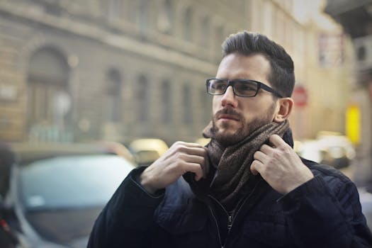 一个戴着眼镜、身穿深色外套的时髦男人，正在城市街道上调整他的围巾