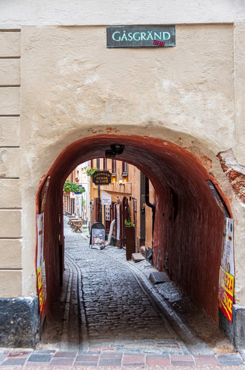 Cobblestone Alley in Tunnel in Old Town in Stockholm