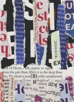 Creative collage made from colorful torn newspaper pieces, showcasing abstract artistic design.