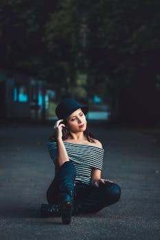 一位穿着条纹上衣、戴着黑色帽子的时尚女性，自信地在户外摆着姿势