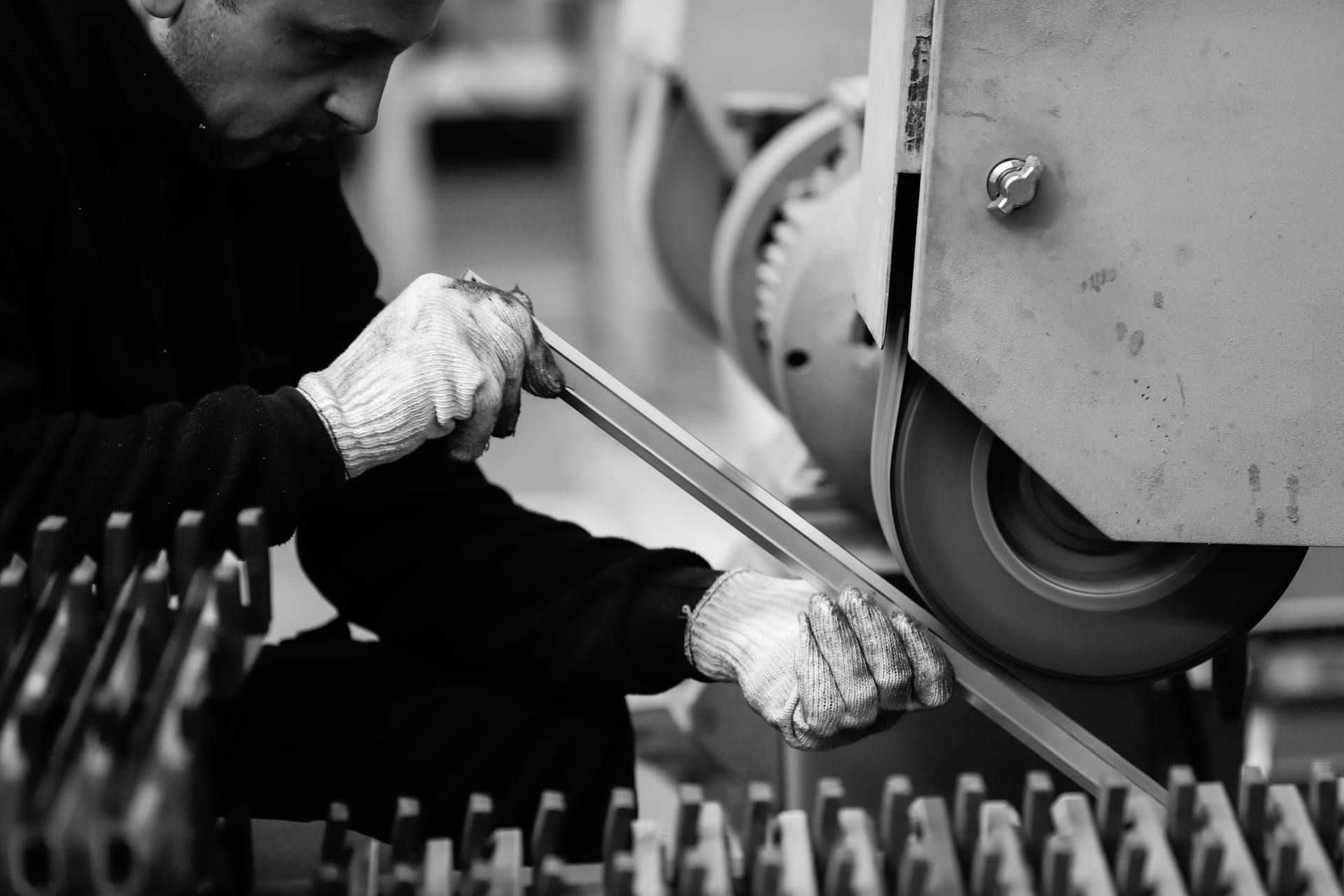 Man working with machinery in a factory setting, showcasing industrial production.