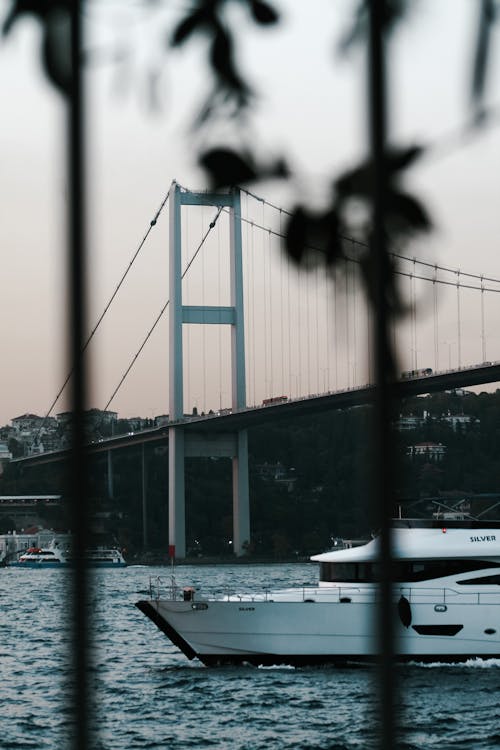 Motor Yacht and Bridge on Bosphorus in Istanbul behind