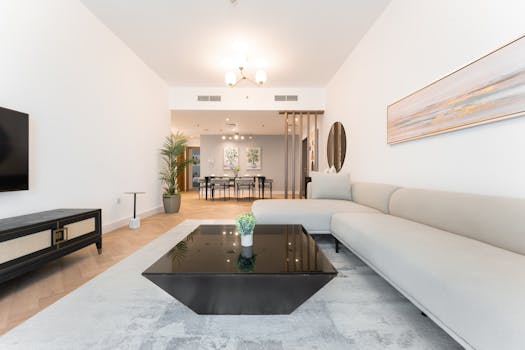 Spacious modern living and dining room with minimalist design and elegant decor.