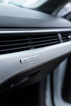 Sleek interior shot highlighting the Quattro emblem on a car dashboard.
