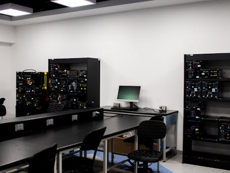 A contemporary electronics lab featuring workstations and technical equipment.