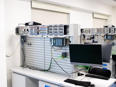 A contemporary office showcasing a server rack and computer workspace, ideal for tech and business settings.