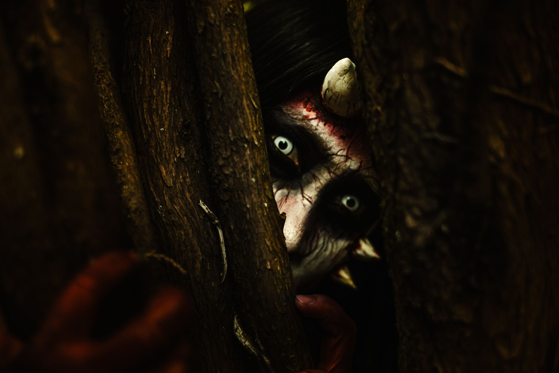 A person with devilish makeup peers through tree branches, creating an eerie Halloween vibe.