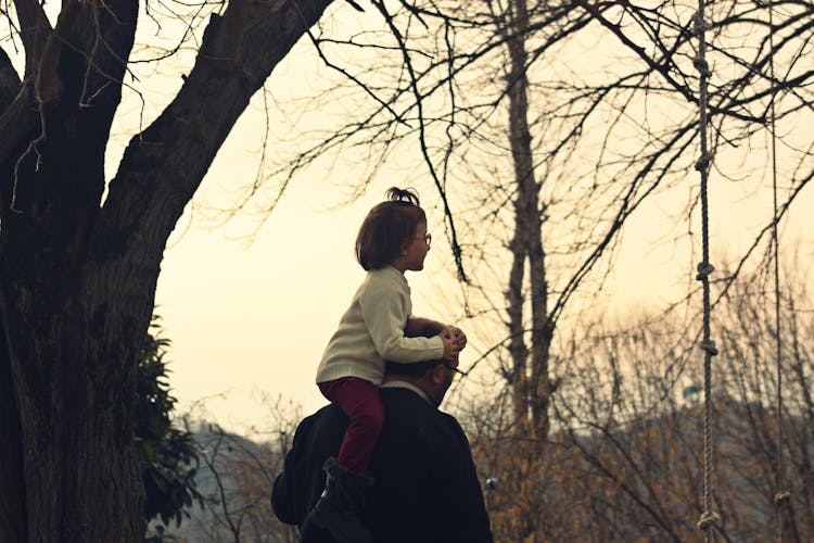 Father Carrying Daughter In Forest