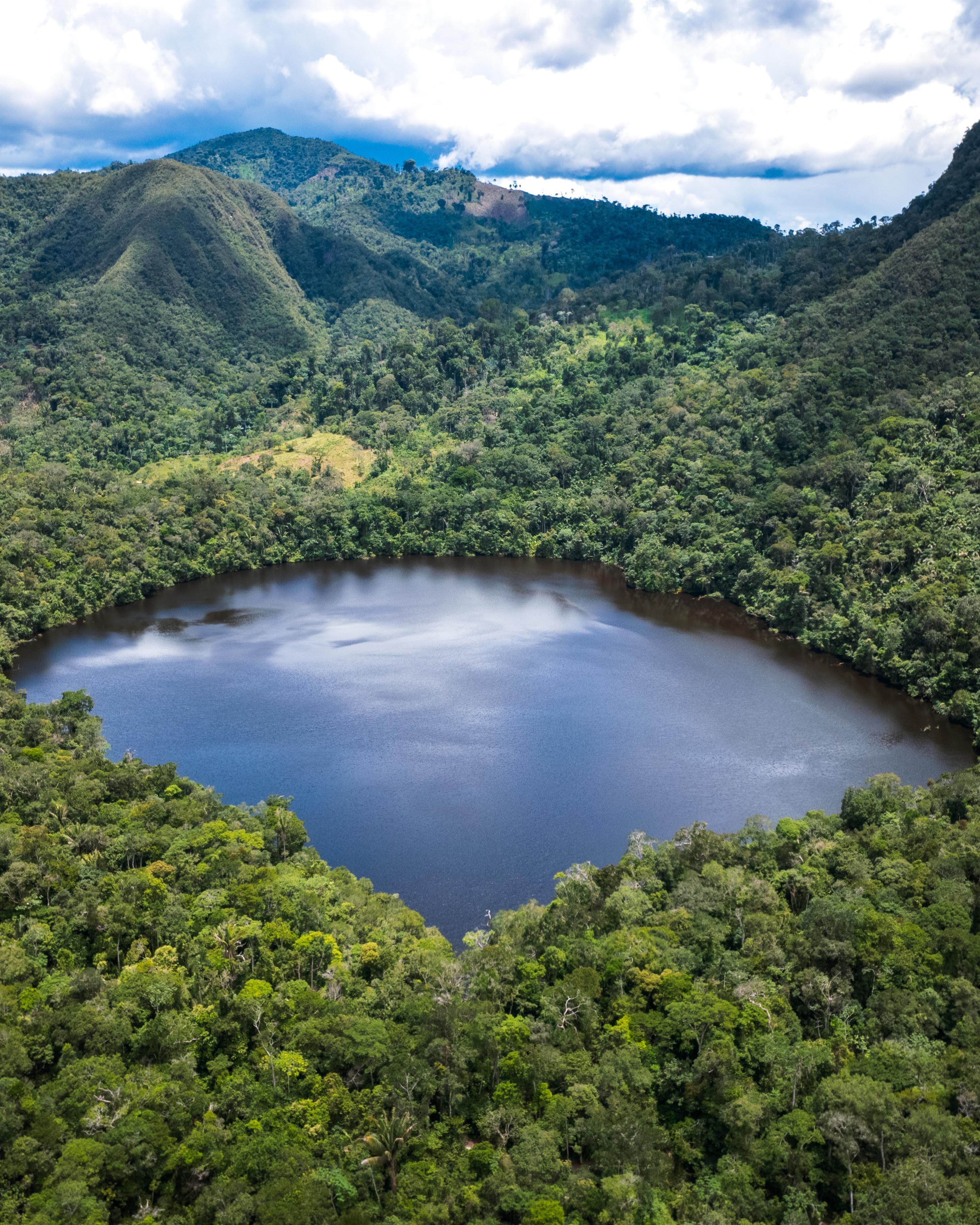 Aerial view of a lagoon surrounded by forest and mountains in Moyobamba, Peru
