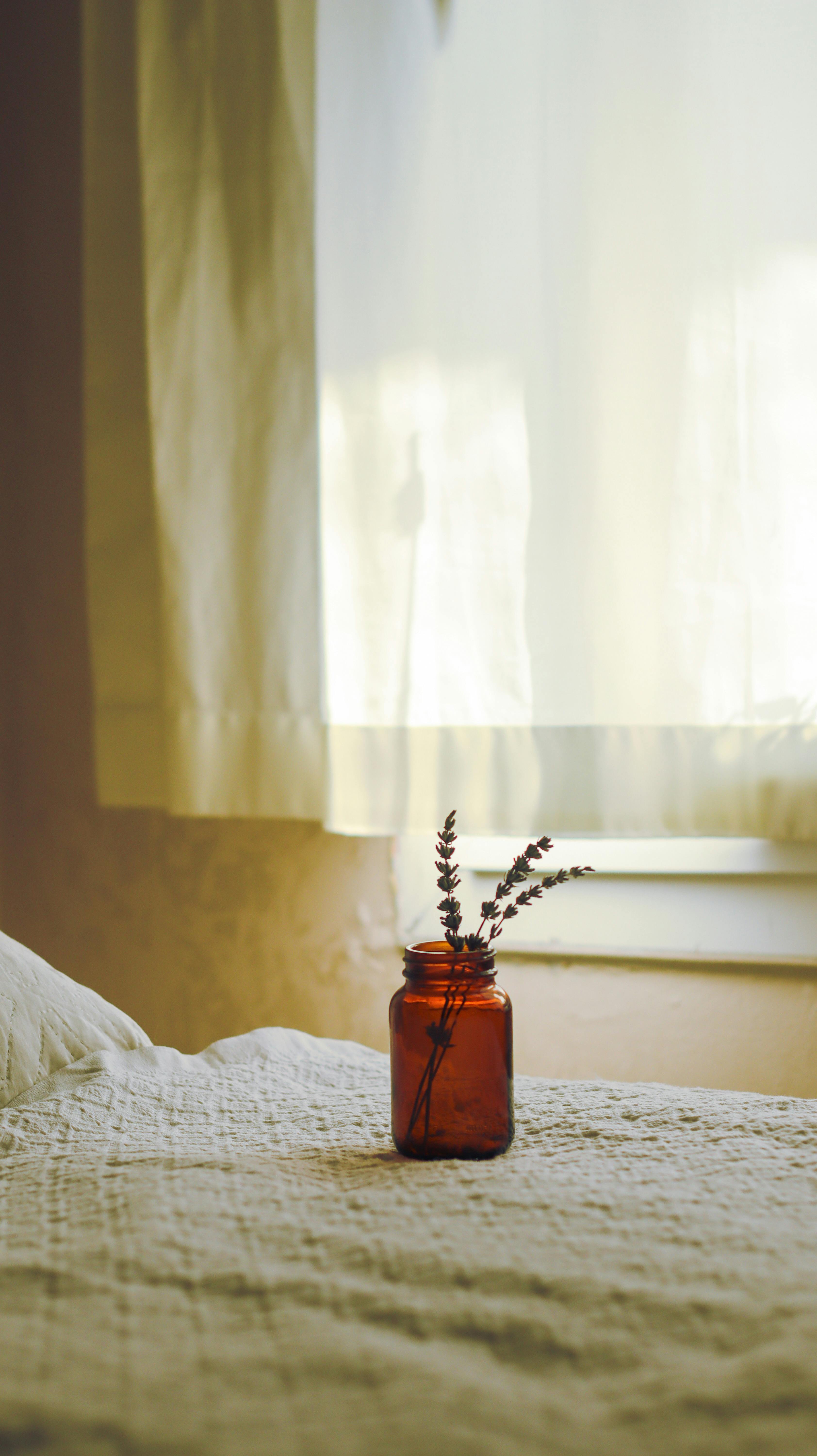 A tranquil bedroom scene featuring a delicate vase of flowers on a sunlit bed by the window.