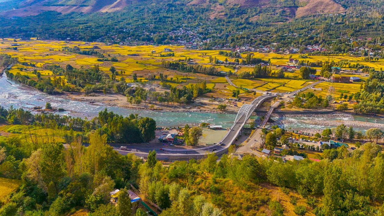 Aerial Panorama of River Sind Valley with Wayil Bridge, Ganderbal, Kashmir