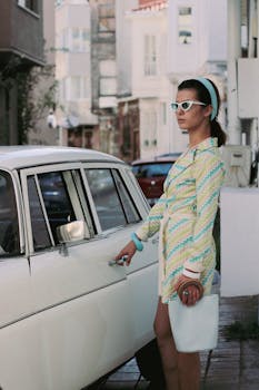 Chic woman in vintage attire stands beside a retro car in a stylish urban setting.