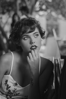 一幅优雅的黑白肖像，描绘了一位若有所思的女性