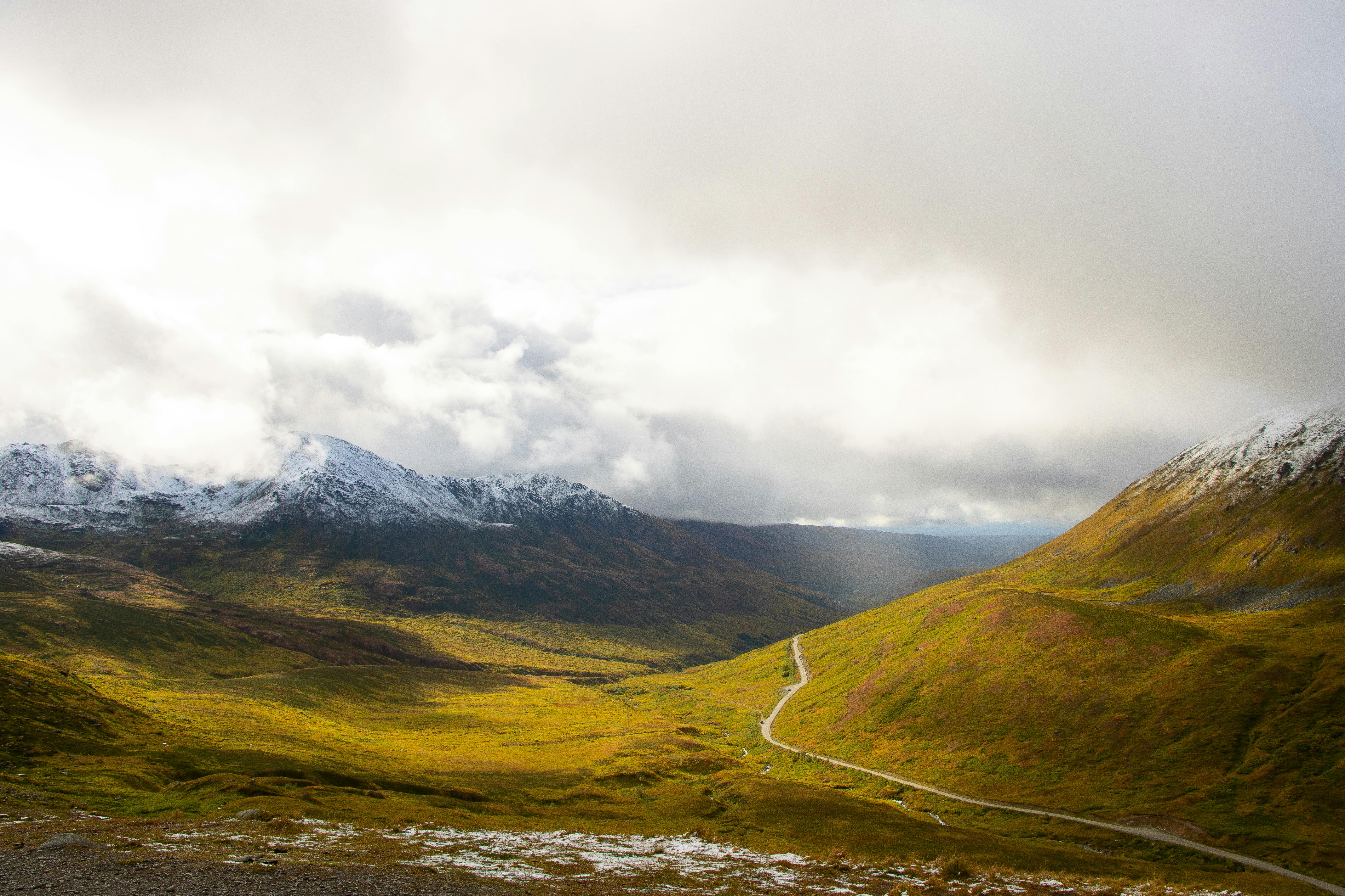 Scenic view of snowcapped mountains and a lush valley in Fishhook, Alaska.