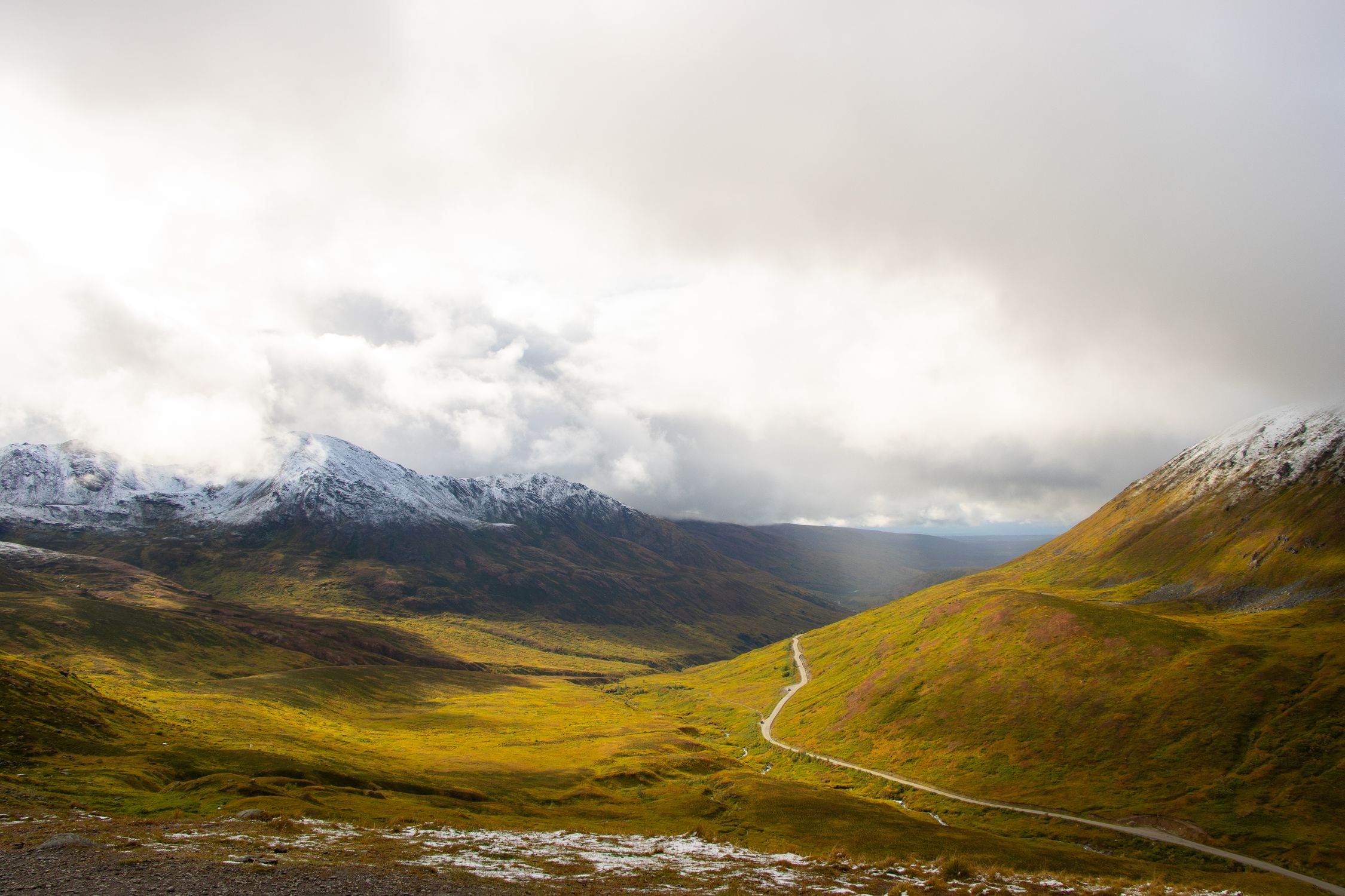 Scenic view of snowcapped mountains and a lush valley in Fishhook, Alaska.