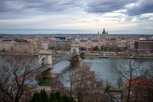 Aerial View of the Szechenyi Chain Bridge in Budapest, Hungary