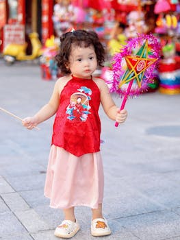 Cute child holding a traditional lantern during Moon Festival on city streets. Joyful moment captured outdoors.
