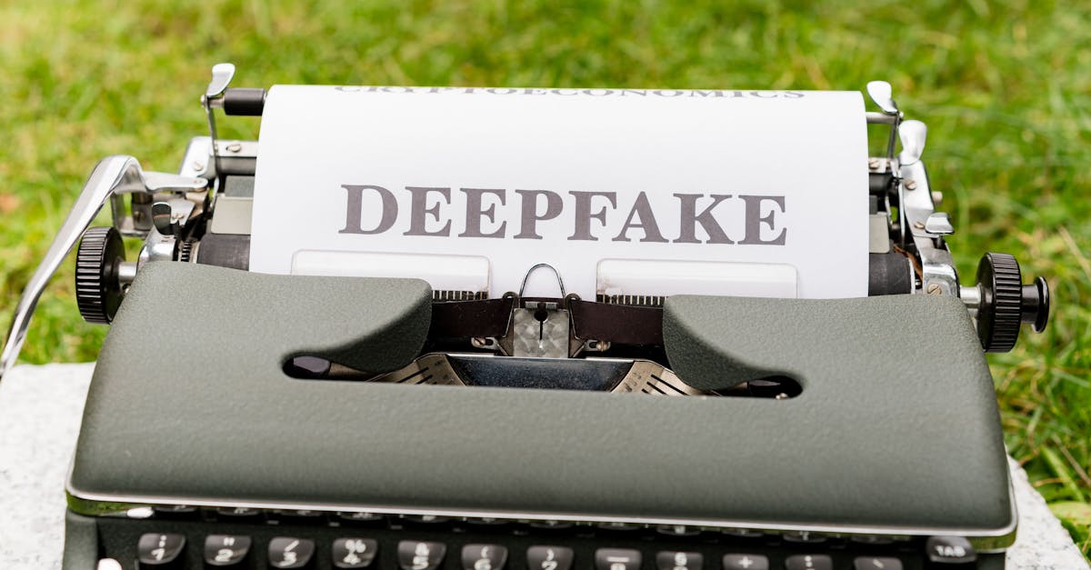 A vintage typewriter displaying the word 'Deepfake' on paper outdoors, highlighting technology contrast.